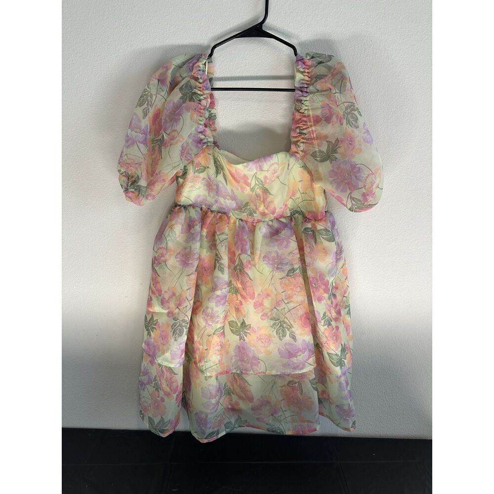C&V Chelsea & Violet Floral Mini Dress Size S – Pastel Puff Sleeve Tiered Babydo